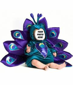 Photomontage of a baby dressed as a peacock to personalize with a photo