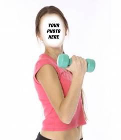 Photomontage of a thin girl doing weights to put her a face