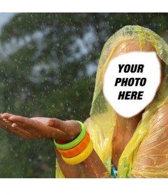 Photomontage of a girl with yellow raincoat in the rain