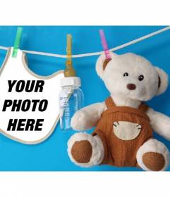 Collage with a bib and a teddy bear where you can place a picture of a new born on a blue background