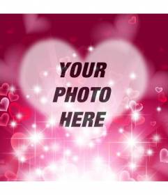 Love photoframe with heart-shaped bright fuchsia background with sparkles and hearts to put your photo in the center and a text