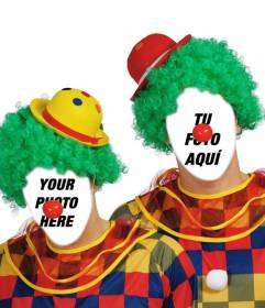 Photomontage with two colorful costumed clowns with red nose and green wig to put