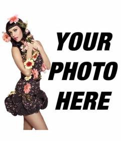 Photomontage with singer Katy Perry with flowers and Pinup style with black dress and black hair with bang