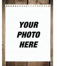 Photomontage with a sheet of notebook paper on a table to put your photo and add text