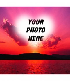 Photomontage of a sunset with a pink sky and a heart shaped frame where we can put a photo