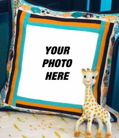 Put your photo on a cushion next to a stuffed giraffe