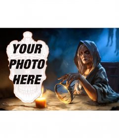 Dark collage of a witch and a skeleton as a picture frame