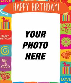 With this photo frame you can create a birthday card fun with colorful drawings, gifts, hearts, flowers and butterflies and also with the text Happy Birthday on top