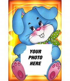 Your photograph held by a lovely picture of a blue rabbit with a green scarf 