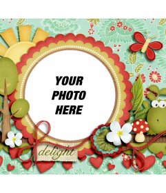 Photo frame to decorate your picture with a frog, vegetation and red hearts