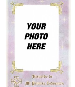 Free template memory of first communion. Rectangular frame with gold lettering, to put a photo inside. Download the reminder card or send via email