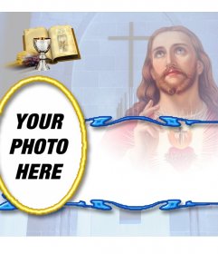 Template free memory card with a photograph Reason Communion of Jesus with Bible and chalice. You can download or send the reminder card to an e-mail address