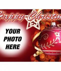 Post to congratulate Christmas with HAPPY CHRISTMAS text and red background with a Christmas ball. Put your photo at background