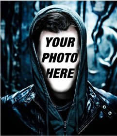 Photo montage of a hooded man where you can add your face