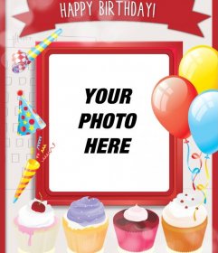 Birthday card with sweet cakes and festive decoration with balloons and red frame to put a picture