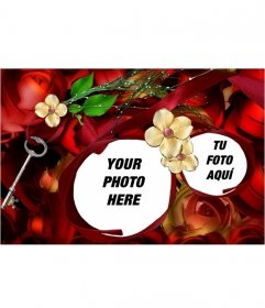 Frame for two pictures, gives you the key to your heart with this arrangement of flowers and roses in red and gold