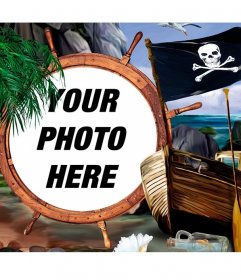 Composition with a pirate flag, a ship and treasures, to put your photo on a rudder