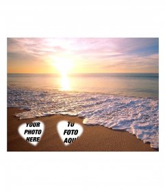 Put two pictures in the sand on the beach with a sunset background at the beach
