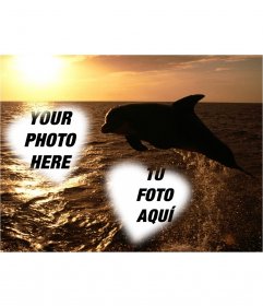 Customizable card for two photos in the form of hearts and a dolphin