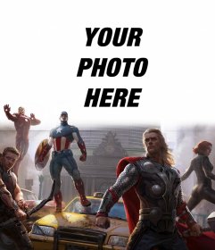 Photomontage of the first Avengers defending the city with your photo above