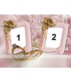Photo frame for two photos with yellow roses, wedding rings and jewelry