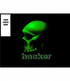 Twitter background with the text HACKER and a skull with a frame to put your photo